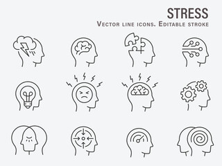 Stress icons, such as anxiety, tension, worry, mental and more. Editable stroke. - obrazy, fototapety, plakaty