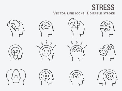 Stress icons, such as anxiety, tension, worry, mental and more. Editable stroke.