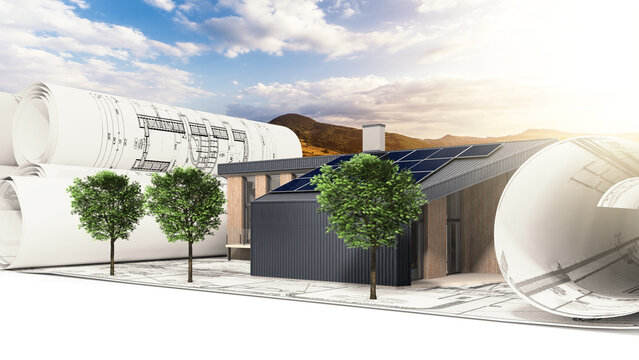 Bauplanung an einem energieeffizienten öffentlichen  Gebäude mit Solarmodulen und Landschaftshintergrund - 3D Visualisierung