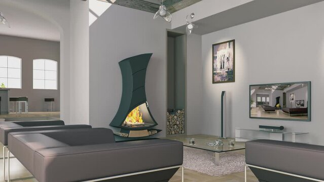 Ger&auml;umiges Dachgeschoss-Apartment in Loft-Ausbau mit modernen Kaminofen - 3D Kameranimation in Enflosschleife