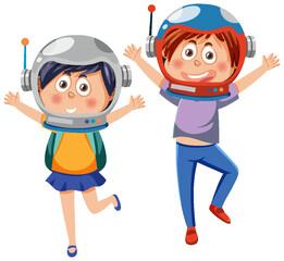 Two kids wearing astronaut helmets