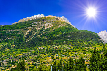 Swiss Alps mountains with houses, Visp, Wallis, Valais, Switzerl