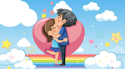 Couple in love standing on rainbow in the sky