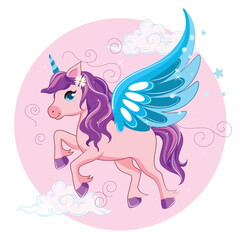 Cute Cartoon Unicorn with a purple mane and blue wings vector illustration