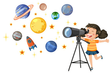 Little girl observing the sky with a telescope