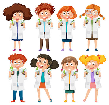 Set of different kids in scientist outfits