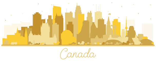 Canada City Skyline Silhouette with Golden Buildings Isolated on White.