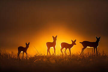 A group of deer are silhouetted in the early morning light next to a forest. They look very cute with a warm backlight, waiting for the hunters to appear.