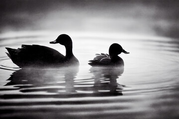 Fototapeta premium A duck swims on the calm water of a peaceful lake in the morning. Its aquatic life is a beautiful and rare scene, with a well-defined shadow standing out against the bright light.