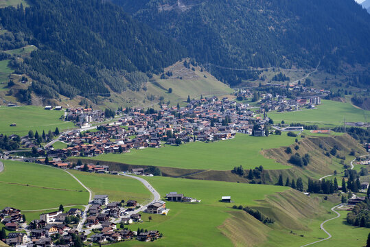 Beautiful scenic landscape at Alp Milez, Canton Graub&uuml;nden, with villages Dieni, Rueras and Sedrun in the Swiss alps on a late summer day. Photo taken September 5th, 2022, Milez Dieni, Switzerland.