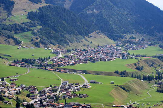 Beautiful scenic landscape at Alp Milez, Canton Graub&uuml;nden, with villages Dieni, Rueras and Sedrun in the Swiss alps on a late summer day. Photo taken September 5th, 2022, Milez Dieni, Switzerland.
