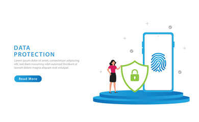 Obraz premium Data protection concept. Smartphone with fingerprint on screen and with padlock shield. Vector illustration