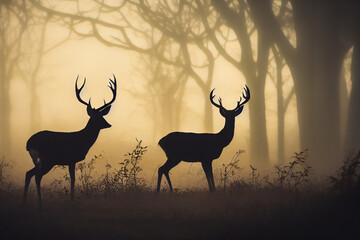 A group of deer are seen at the edge of a wild forest in the morning light. Their antlers stand out as a dark silhouette, a rare scene of their life.