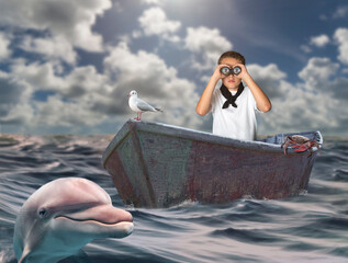 Fantasy image crab and seagull on boat with boy looking through binoculars.