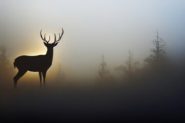 A group of deer were seen at the edge of a wild forest in the morning light. Their beautiful antlers stand out as a dark silhouette against the bright morning light.