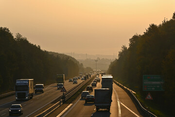 Golden sunrise on the highway from Prague to Brno, Czech Republic