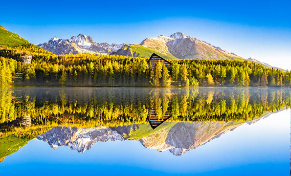 Morning view on Lake Strbske pleso. Strbske lake in High Tatras National Park, Slovakia landscape, Europe.