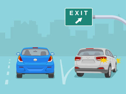Traffic regulation rules. Lane direction sign. White suv car is exiting a highway. Back view of a traffic flow on highway. Flat vector illustration template.