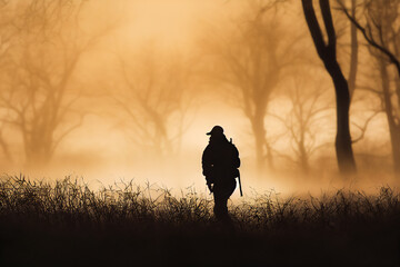 Silhouette of a hunter in the morning light, with his rifle on his shoulder, trying to kill animals. The real pleasure of hunting is there, a solitary hunt in front of the wild nature. - obrazy, fototapety, plakaty