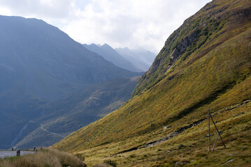 Mountain panorama at Swiss mountain pass Oberalppass on a sunny late summer morning. Photo taken September 5th, 2022, Oberalp Pass, Switzerland.
