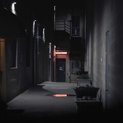 Dark alley with a neon sign door © Jack Frost/Wirestock Creators
