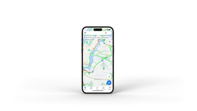 Google Maps app on the smartphone iPhone 14 Pro screen. White background. Rio de Janeiro, RJ, Brazil. November 2022