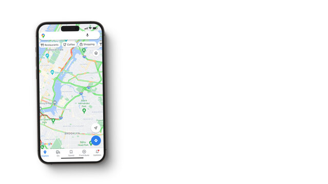 Google Maps app on the smartphone iPhone 14 Pro screen. White background. Rio de Janeiro, RJ, Brazil. November 2022