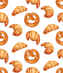 Vector seamless pattern with cartoon hand drawn pretzels and croissants on white background. Texture with German and French bakery buns.