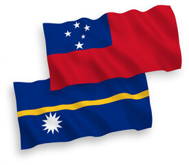 National vector fabric wave flags of Independent State of Samoa and Republic of Nauru isolated on white background. 1 to 2 proportion.