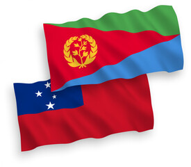 National vector fabric wave flags of Independent State of Samoa and Eritrea isolated on white background. 1 to 2 proportion.