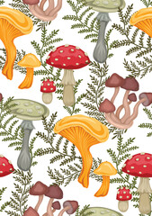 Vector seamless pattern with cartoon poisonous mushrooms and fern stems on white background. Fly agaric, amanita, false mushrooms and herbs.