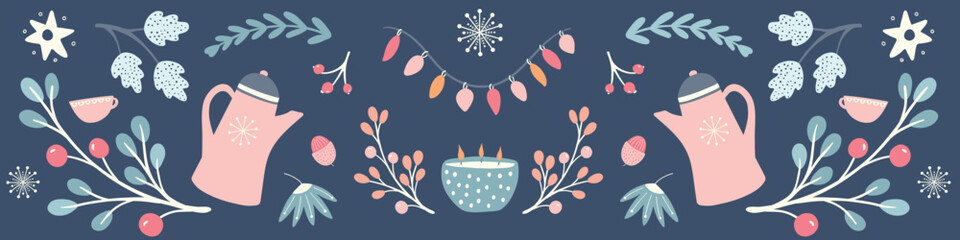 Hygge Autumn and winter illustration border design. Cute and cosy Fall vector symmetrical banner.