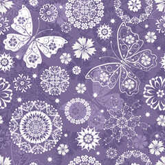 Christmas violet violet pattern with stylized snowflakes and butterflies. Seamless texture. Vector
