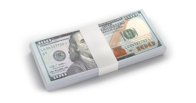 Falling $100 dollar paper currency. New design US Dollar bills bundles stack on white background. Money Pile of hundred dollar bills. 3D render illustration in 4k resolution animation.