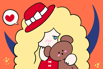 ぬいぐるみを抱えた女の子　三日月背景　イラスト