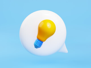 3d render light bulb in speech bubble on blue background. Creative idea, quick tips, inspiration, brainstorm, development, business solution concept, icon, illustration in cartoon plastic style