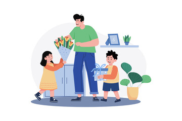 Son And Daughter Are Giving Gifts And Flowers To Father On Fathers Day