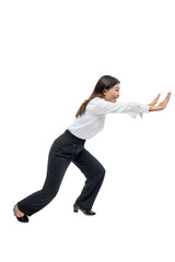 Asian businesswoman pushing something