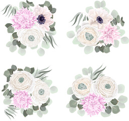 Vector Floral Collection. White roses, ranunculus, peony roses, anemones, pink dahlias, eucalyptus, green plants and leaves. Floral arrangements on white background 