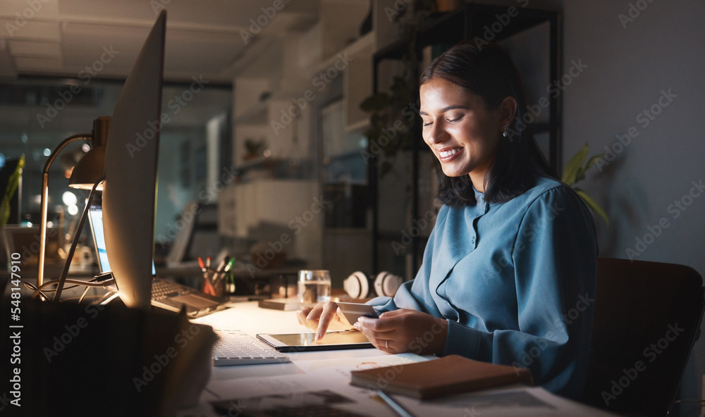 Aufkleber work, overtime and woman reading smartphone with tablet and computer working late on online design p