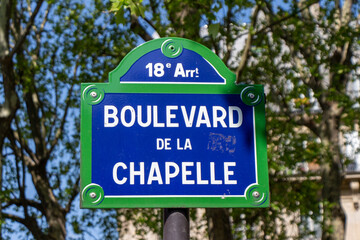 Boulevard de la Chapelle street sign (English : La Chapelle Boulevard), one of the most famous boulevards in Paris, France.
