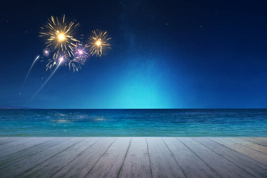 Wooden floor with ocean views with fireworks