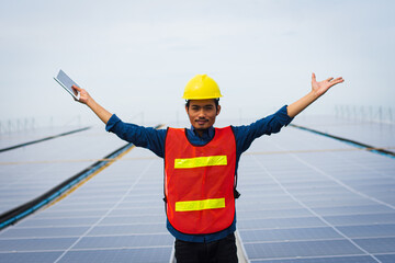 Asian Engineer standing on solar construction posting confident , Engineer construction happy job...