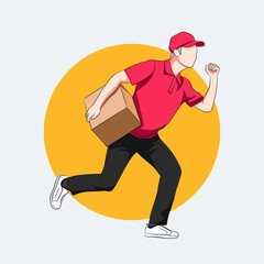 Happy delivery man in uniform running and holding parcel