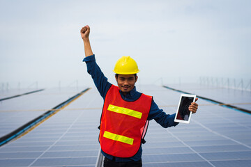 Asian Engineer standing on solar construction posting confident , Engineer construction happy job success with in target planning