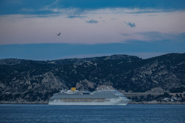 Costa cruiseship or cruise ship liner Diadema arrival into Marseille Provence port during sunrise...