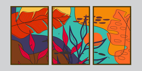 set of botanical outline wall art designs. abstract doodle background. for home decoration, interior, rooms, covers.