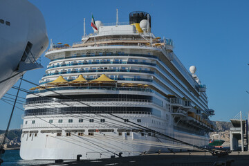 Costa cruiseship or cruise ship liner Diadema arrival into Marseille Provence port during sunrise...