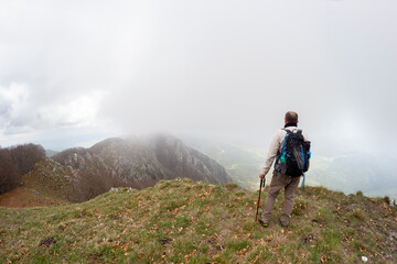 Hiker on the summit of a mountain Palombara in matese park