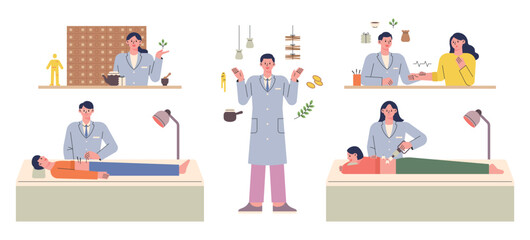 Oriental clinic. Oriental doctors treating patients and patients receiving various treatments.